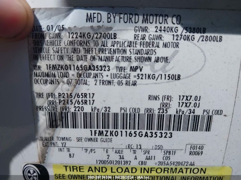 2005 Ford Freestyle Se VIN: 1FMZK01165GA35323 Lot: 39736396
