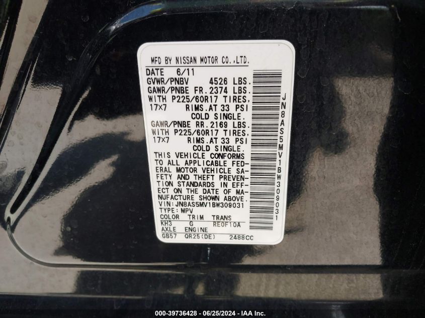 2011 Nissan Rogue Sv VIN: JN8AS5MV1BW309031 Lot: 39736428