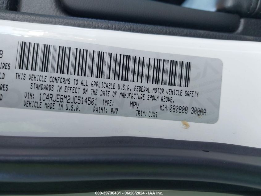 2018 Jeep Grand Cherokee Limited VIN: 1C4RJEBM2JC514501 Lot: 39736431