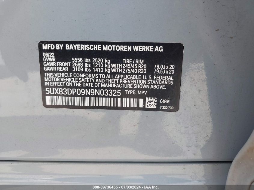 2022 BMW X3 M40I VIN: 5UX83DP09N9N03325 Lot: 39736455