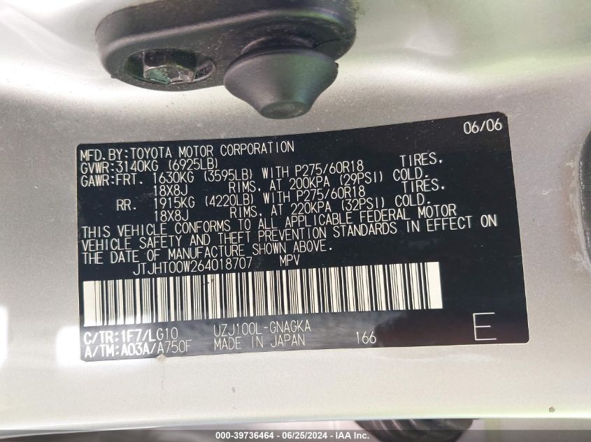 2006 Lexus Lx 470 VIN: JTJHT00W264018707 Lot: 39736464