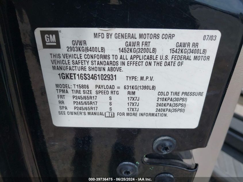 2004 GMC Envoy Xl Sle VIN: 1GKET16S346102931 Lot: 39736475