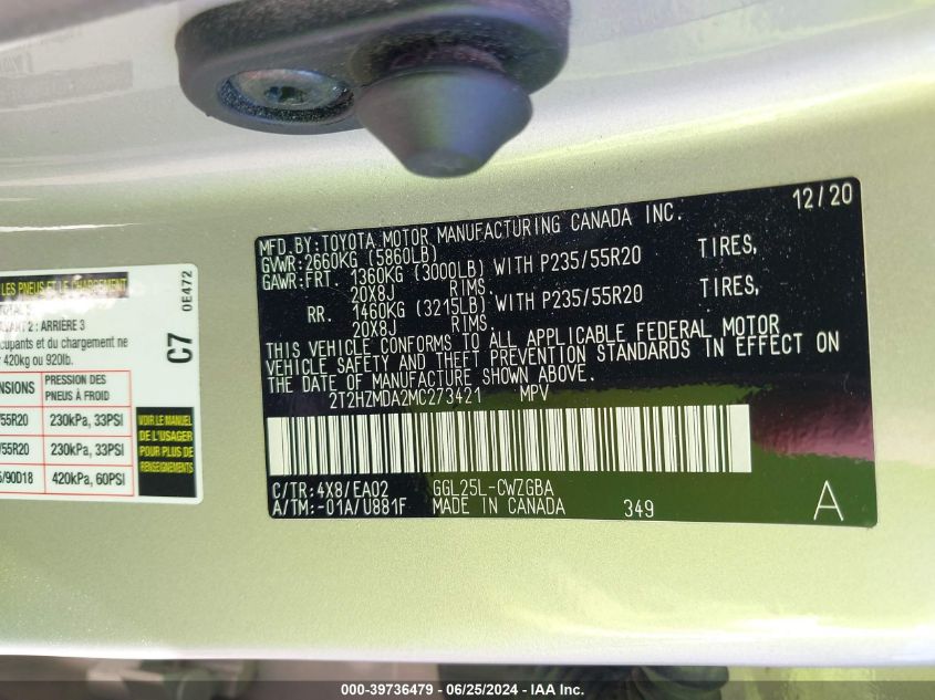 2021 Lexus Rx 350 VIN: 2T2HZMDA2MC273421 Lot: 39736479