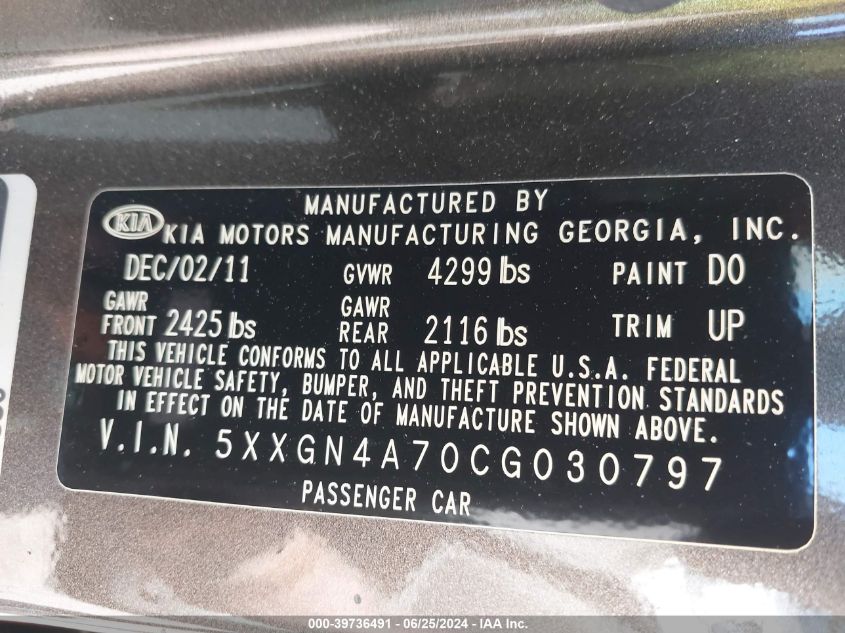 2012 Kia Optima Ex VIN: 5XXGN4A70CG030797 Lot: 39736491