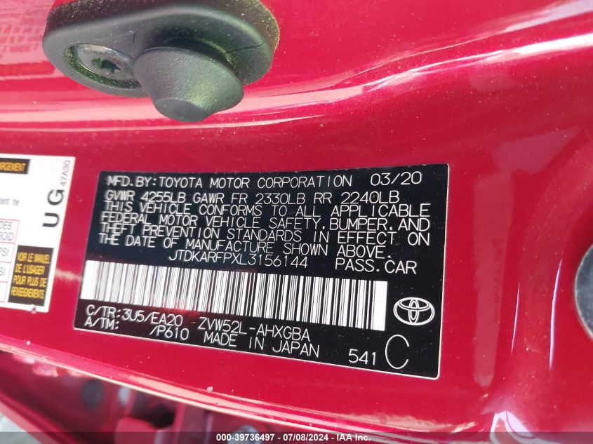 2020 Toyota Prius Prime Xle VIN: JTDKARFPXL3156144 Lot: 39736497