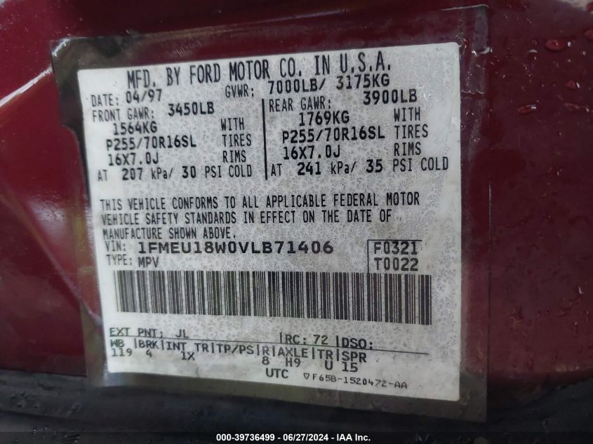 1997 Ford Expedition Eddie Bauer/Xlt VIN: 1FMEU18W0VLB71406 Lot: 39736499