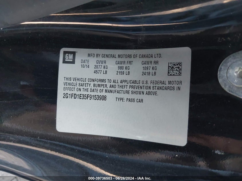 2015 Chevrolet Camaro Lt VIN: 2G1FD1E35F9153908 Lot: 39736503