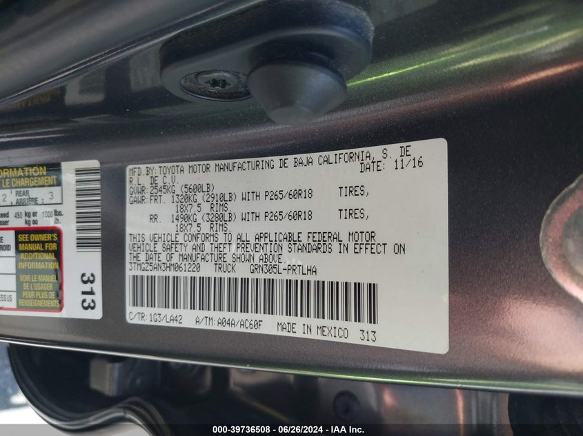 2017 TOYOTA TACOMA LIMITED - 3TMGZ5AN3HM061220