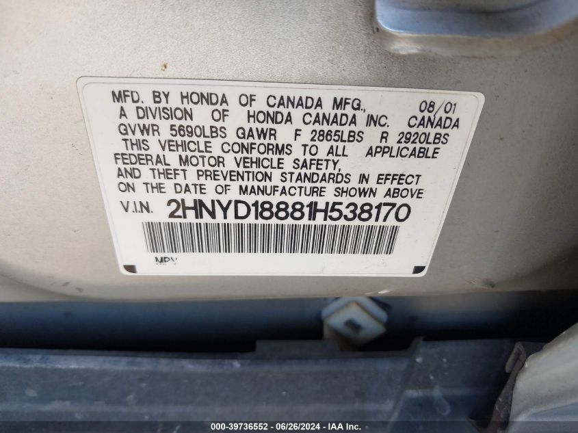 2001 Acura Mdx VIN: 2HNYD18881H538170 Lot: 39736552