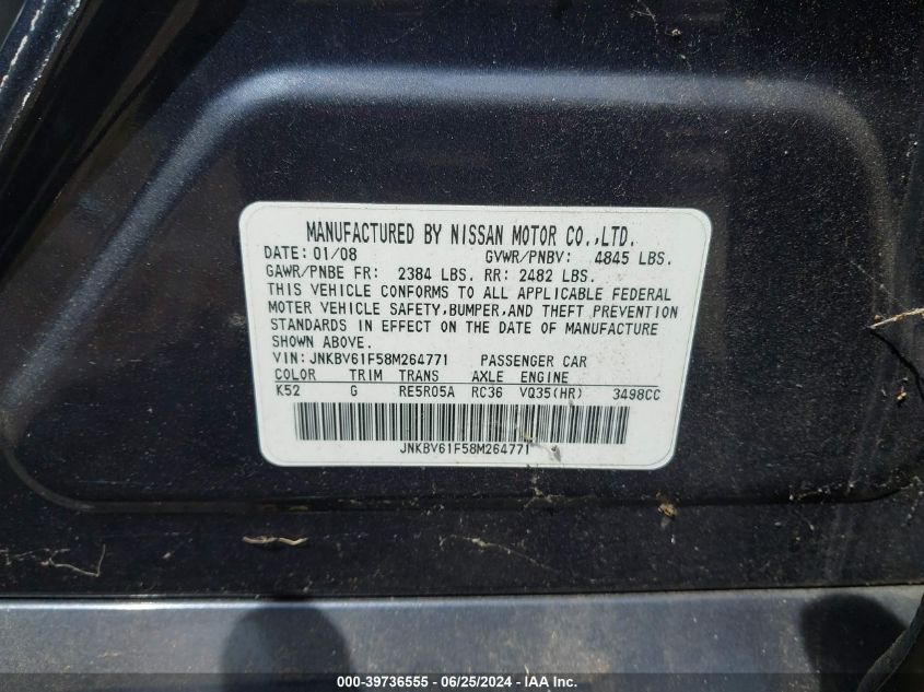 2008 Infiniti G35X VIN: JNKBV61F58M264771 Lot: 39736555