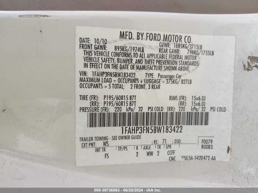 2011 Ford Focus Se VIN: 1FAHP3FN5BW183422 Lot: 39736563