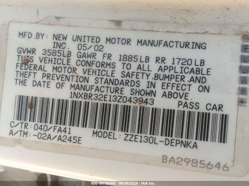 2003 Toyota Corolla Ce/Le/S VIN: 1NXBR32E13Z043943 Lot: 39736566