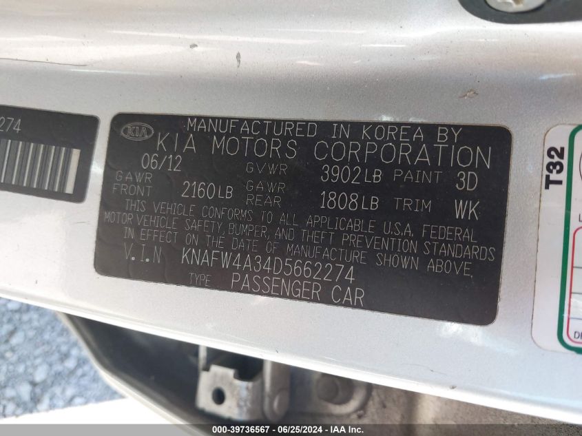 2013 Kia Forte Sx VIN: KNAFW4A34D5662274 Lot: 39736567