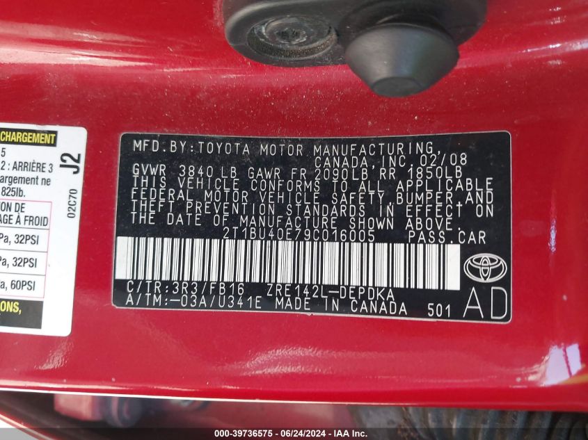 2009 Toyota Corolla Le VIN: 2T1BU40E79C016005 Lot: 39736575