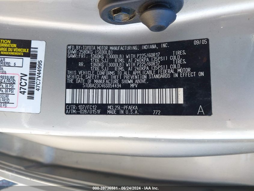 2006 Toyota Sienna Le VIN: 5TDBA23C46S054494 Lot: 39736581