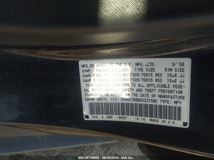 2004 Honda Cr-V Ex VIN: SHSRD78884U231582 Lot: 39736582