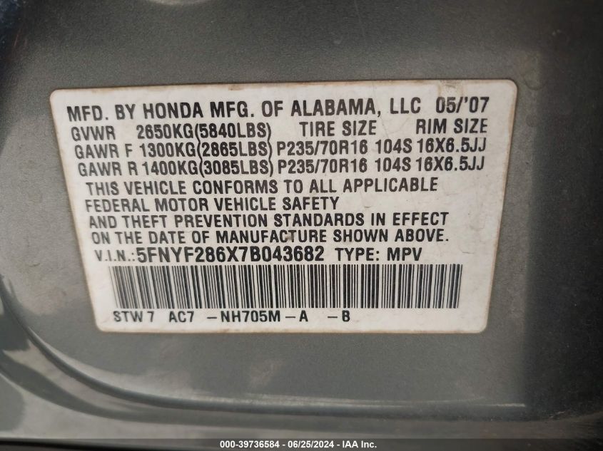 2007 Honda Pilot Ex-L VIN: 5FNYF286X7B043682 Lot: 39736584