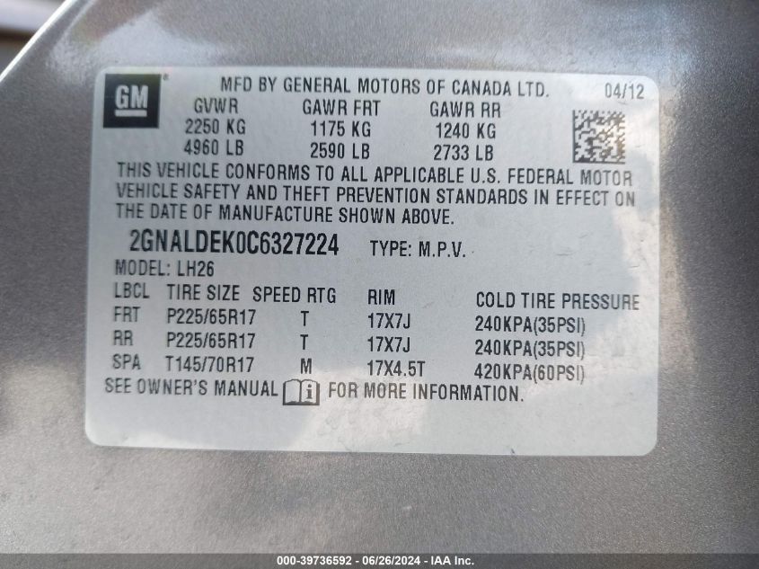 2012 Chevrolet Equinox Lt VIN: 2GNALDEK0C6327224 Lot: 39736592