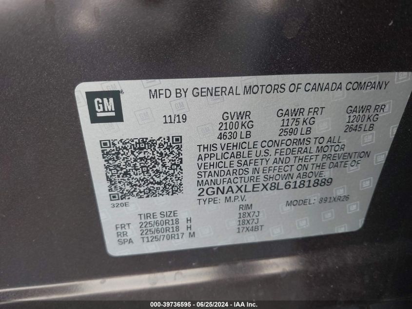 2020 Chevrolet Equinox Fwd Lt 2.0L Turbo VIN: 2GNAXLEX8L6181889 Lot: 39736595