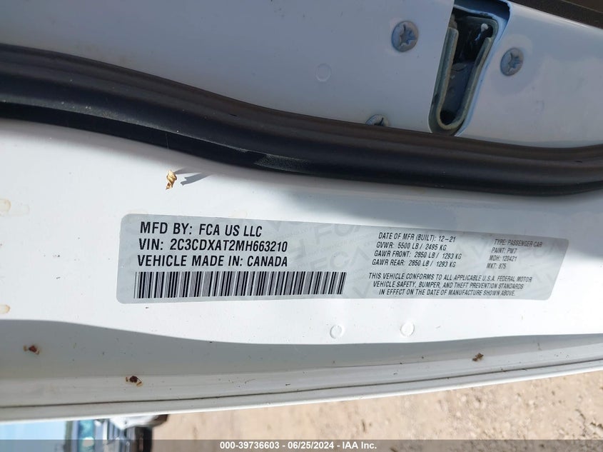 2021 Dodge Charger Police VIN: 2C3CDXAT2MH66321 Lot: 39736603