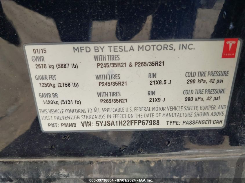 2015 Tesla Model S 70D/85D/P85D VIN: 5YJSA1H22FFP67988 Lot: 39736604