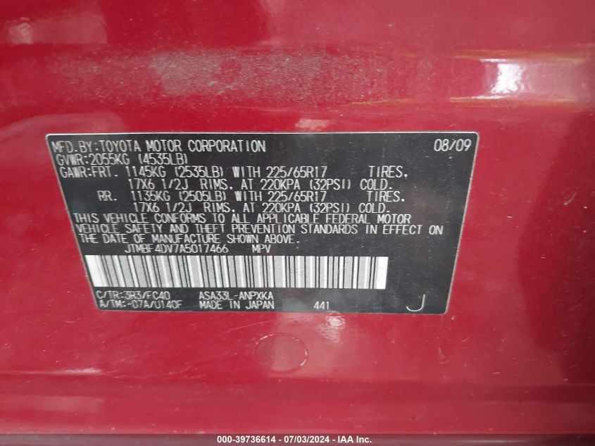 2010 Toyota Rav4 VIN: JTMBF4DV7A5017466 Lot: 39736614