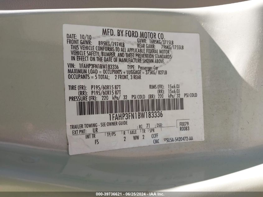 2011 Ford Focus Se VIN: 1FAHP3FN1BW183336 Lot: 39736621