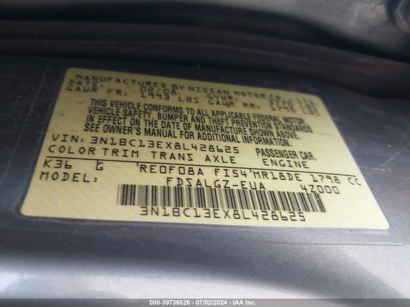 2008 Nissan Versa 1.8Sl VIN: 3N1BC13EX8L428625 Lot: 39736626