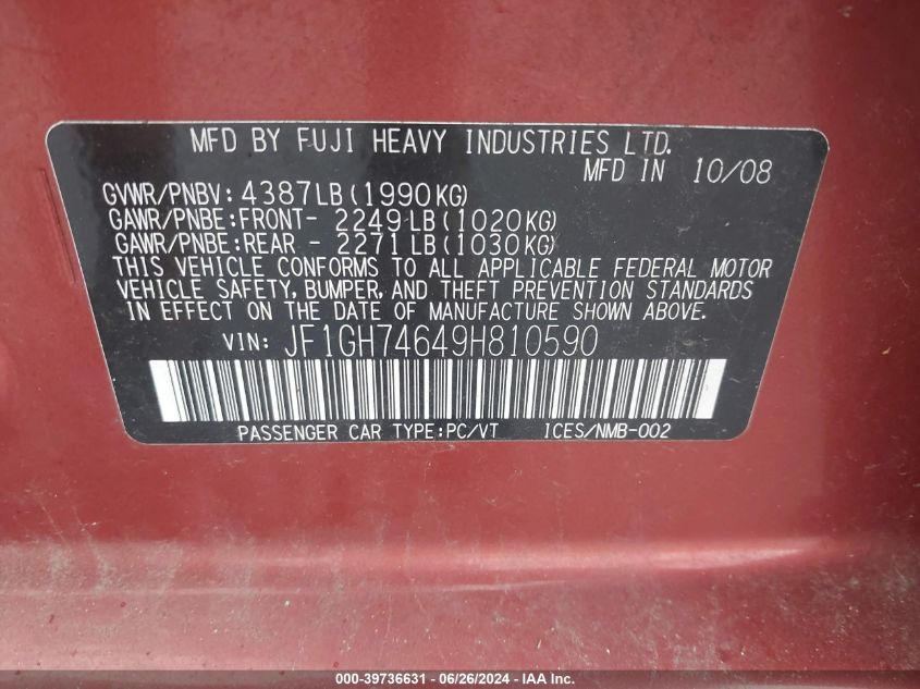 JF1GH74649H810590 2009 Subaru Impreza 2.5 Gt