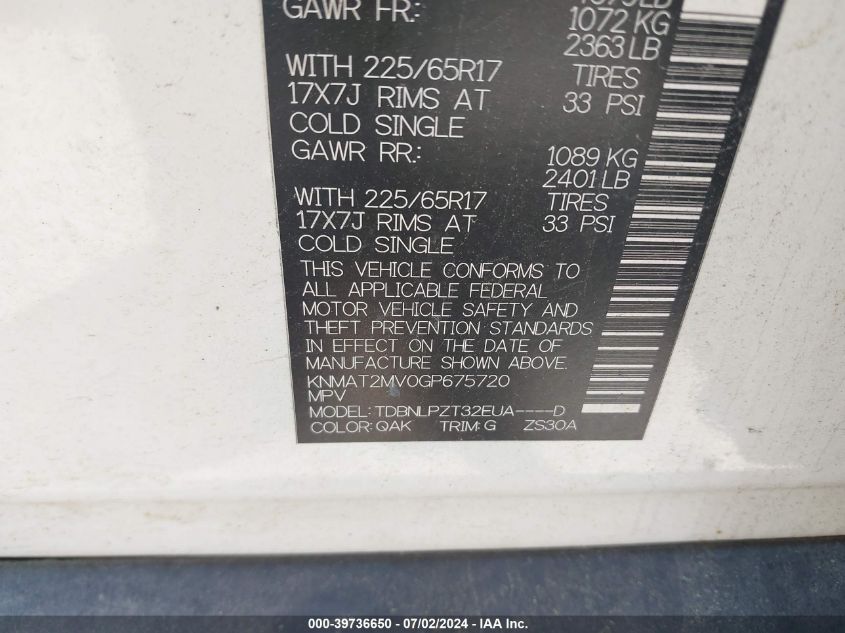 2016 Nissan Rogue S/Sl/Sv VIN: KNMAT2MV0GP675720 Lot: 39736650