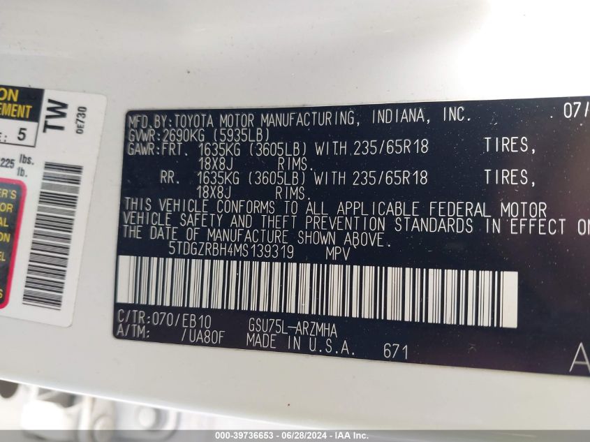 2021 Toyota Highlander Xle VIN: 5TDGZRBH4MS139319 Lot: 39736653