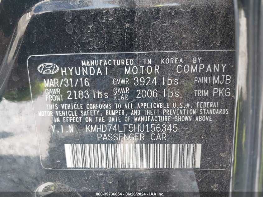 VIN KMHD74LF5HU156345 2017 HYUNDAI ELANTRA SE