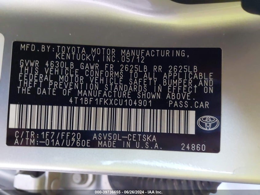 2012 Toyota Camry Se VIN: 4T1BF1FKXCU104901 Lot: 39736655