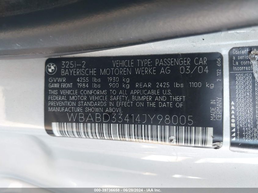 2004 BMW 325Ci Ci VIN: WBABD33414JY98005 Lot: 39736658