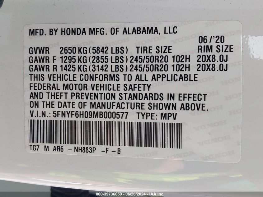 VIN 5FNYF6H09MB000577 2021 Honda Pilot, Awd Elite no.9