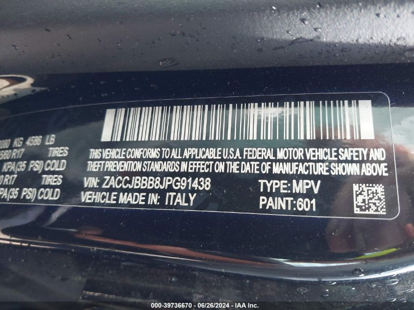 2018 Jeep Renegade Latitude 4X4 VIN: ZACCJBBB8JPG91438 Lot: 39736670