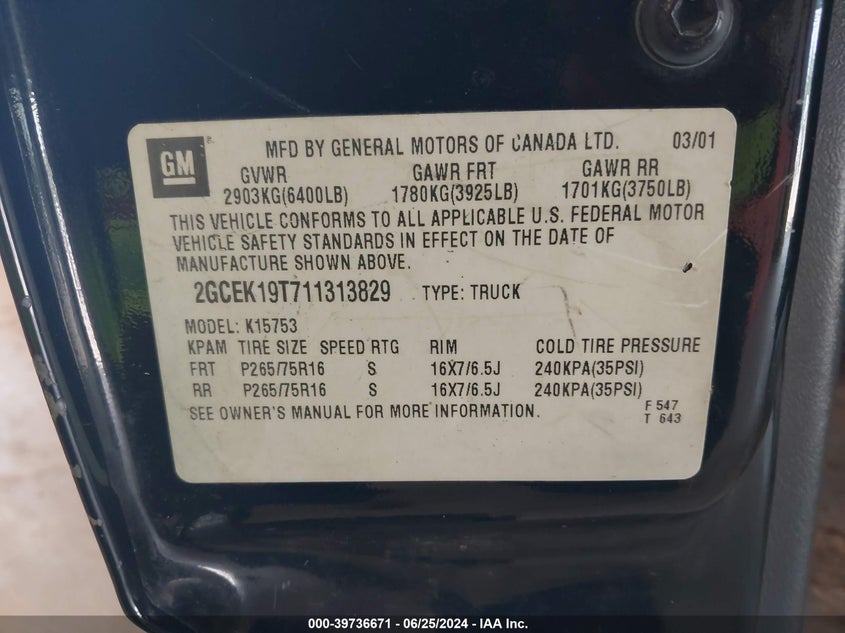 2001 Chevrolet Silverado 1500 Ls VIN: 2GCEK19T711313829 Lot: 39736671