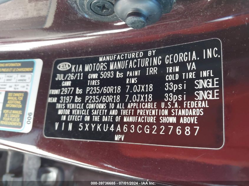 2012 Kia Sorento Ex VIN: 5XYKU4A63CG227687 Lot: 39736685