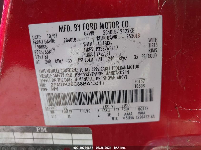 2008 Ford Edge Se VIN: 2FMDK36C88BA13311 Lot: 39736688