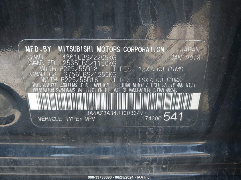 2018 Mitsubishi Outlander Se VIN: JA4AZ3A34JJ003347 Lot: 39736690