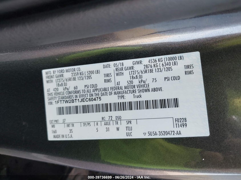 2018 Ford F-250 Super Duty VIN: 1FT7W2BT1JEC60475 Lot: 39736699