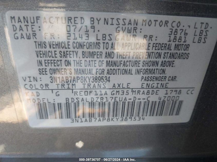 3N1AB7AP8KY389534 2019 Nissan Sentra Sv