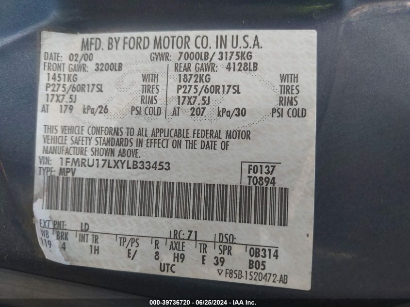 2000 Ford Expedition Eddie Bauer VIN: 1FMRU17LXYLB33453 Lot: 39736720