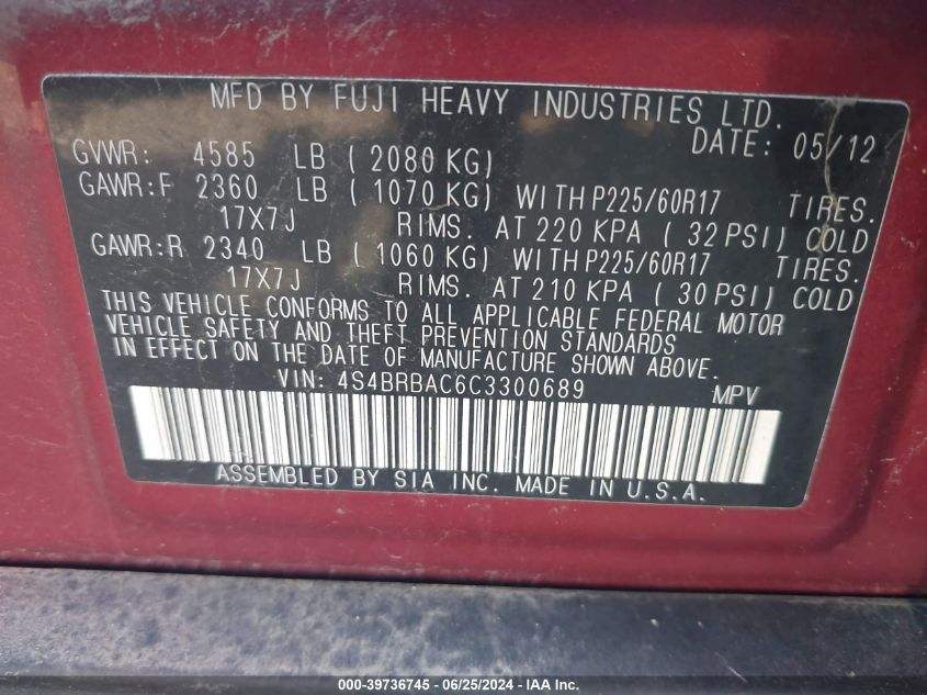 2012 Subaru Outback 2.5I VIN: 4S4BRBAC6C3300689 Lot: 39736745