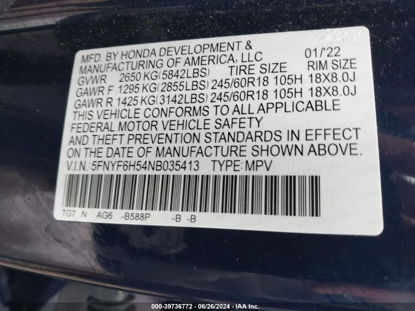 2022 Honda Pilot Awd Ex-L VIN: 5FNYF6H54NB035413 Lot: 39736772