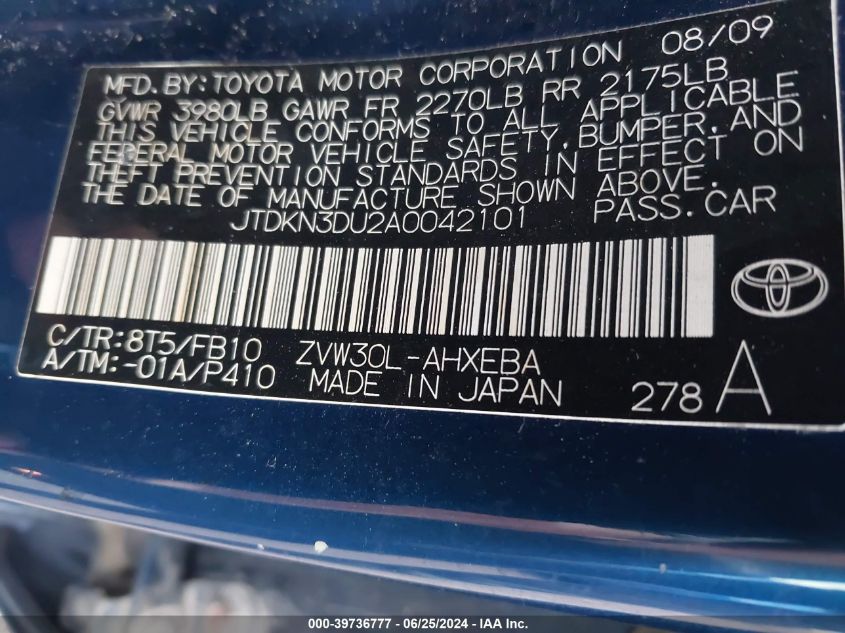 2010 Toyota Prius VIN: JTDKN3DU2A0042101 Lot: 39736777