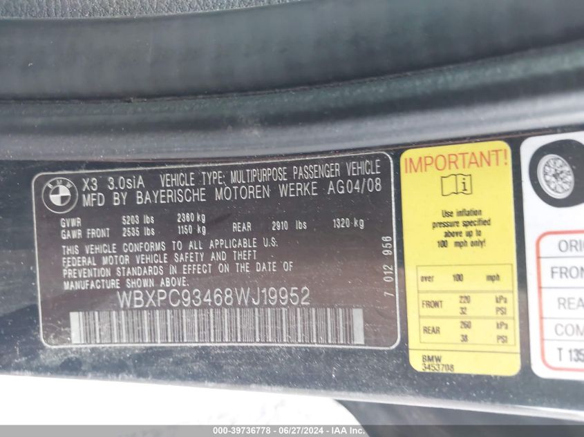 2008 BMW X3 3.0Si VIN: WBXPC93468WJ19952 Lot: 39736778