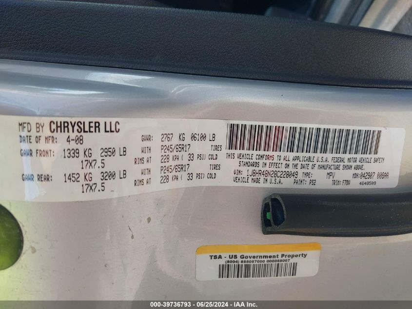 2008 Jeep Grand Cherokee Laredo VIN: 1J8HR48N28C228049 Lot: 39736793