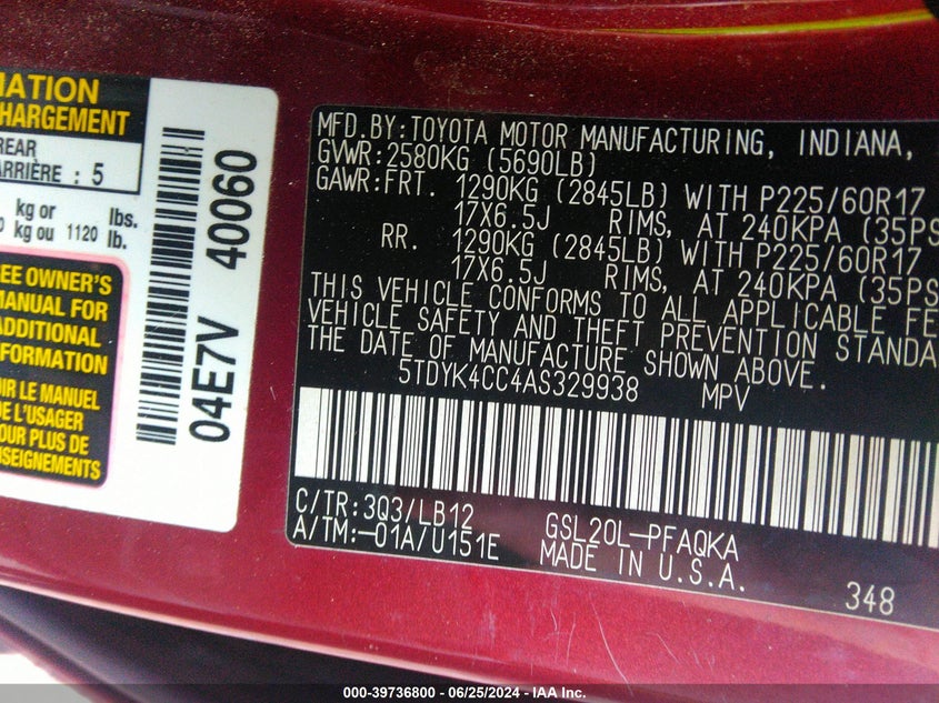 2010 Toyota Sienna Xle VIN: 5TDYK4CC4AS329938 Lot: 39736800