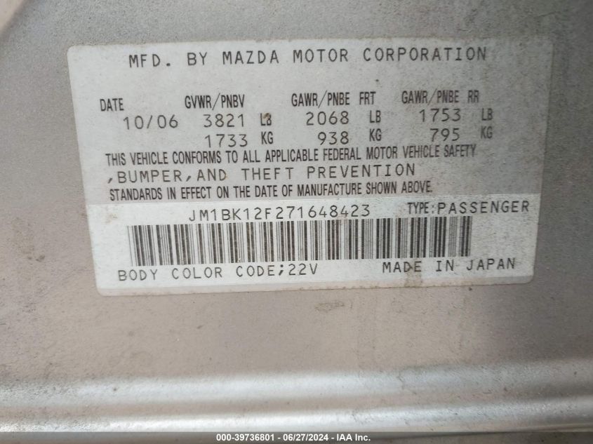 2007 Mazda 3 I VIN: JM1BK12F271648423 Lot: 39736801